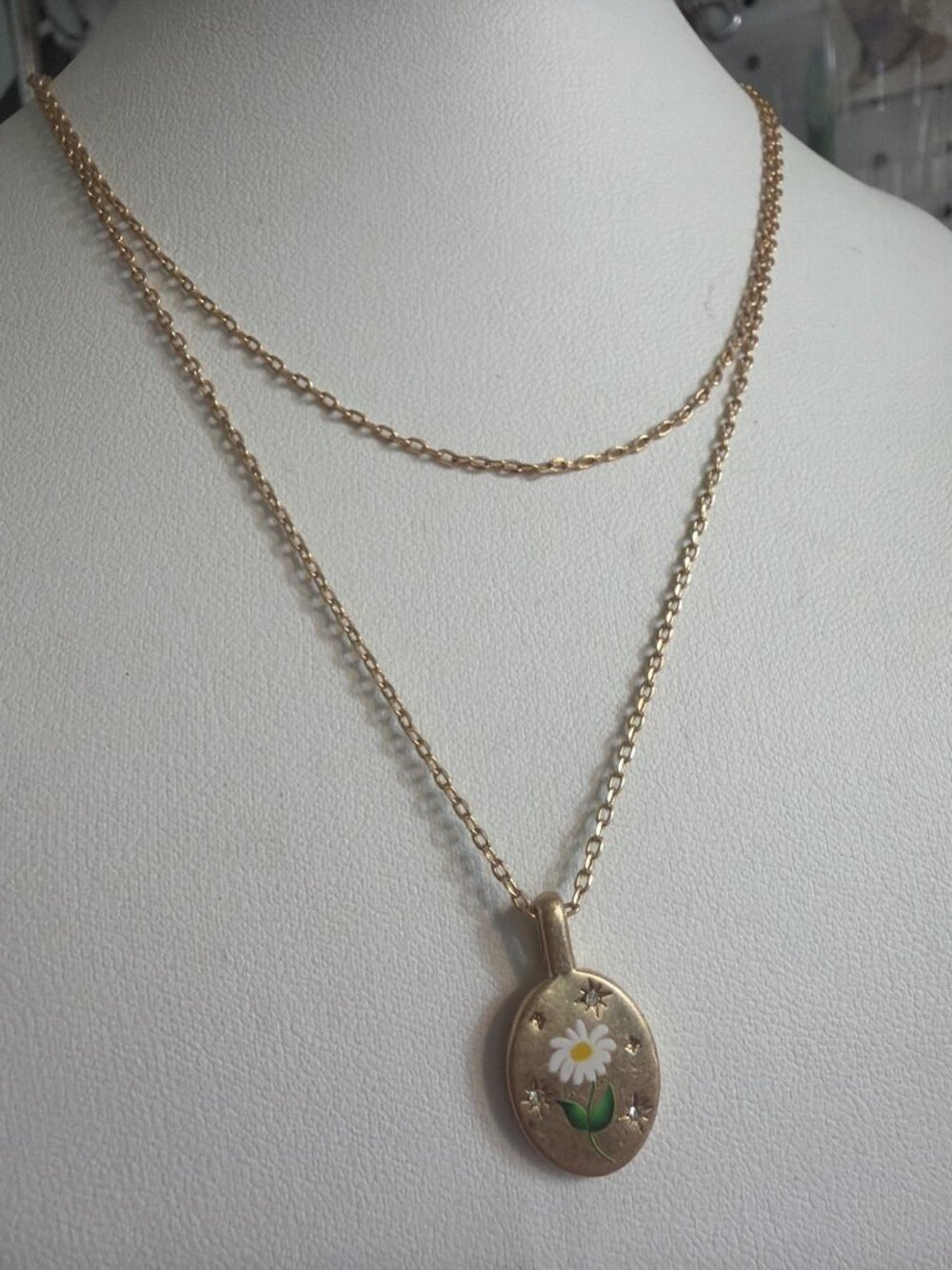 Gold Plated Double Chain Pendant Necklace Painted Daisy Stars SU CZ CH Adj 19"